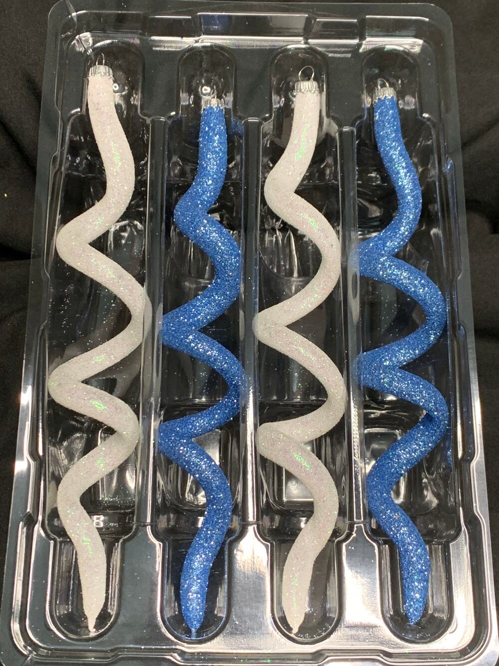 Krebs Blue White Glitter Spiral Glass Christmas Ornaments Set of 4 Boxed